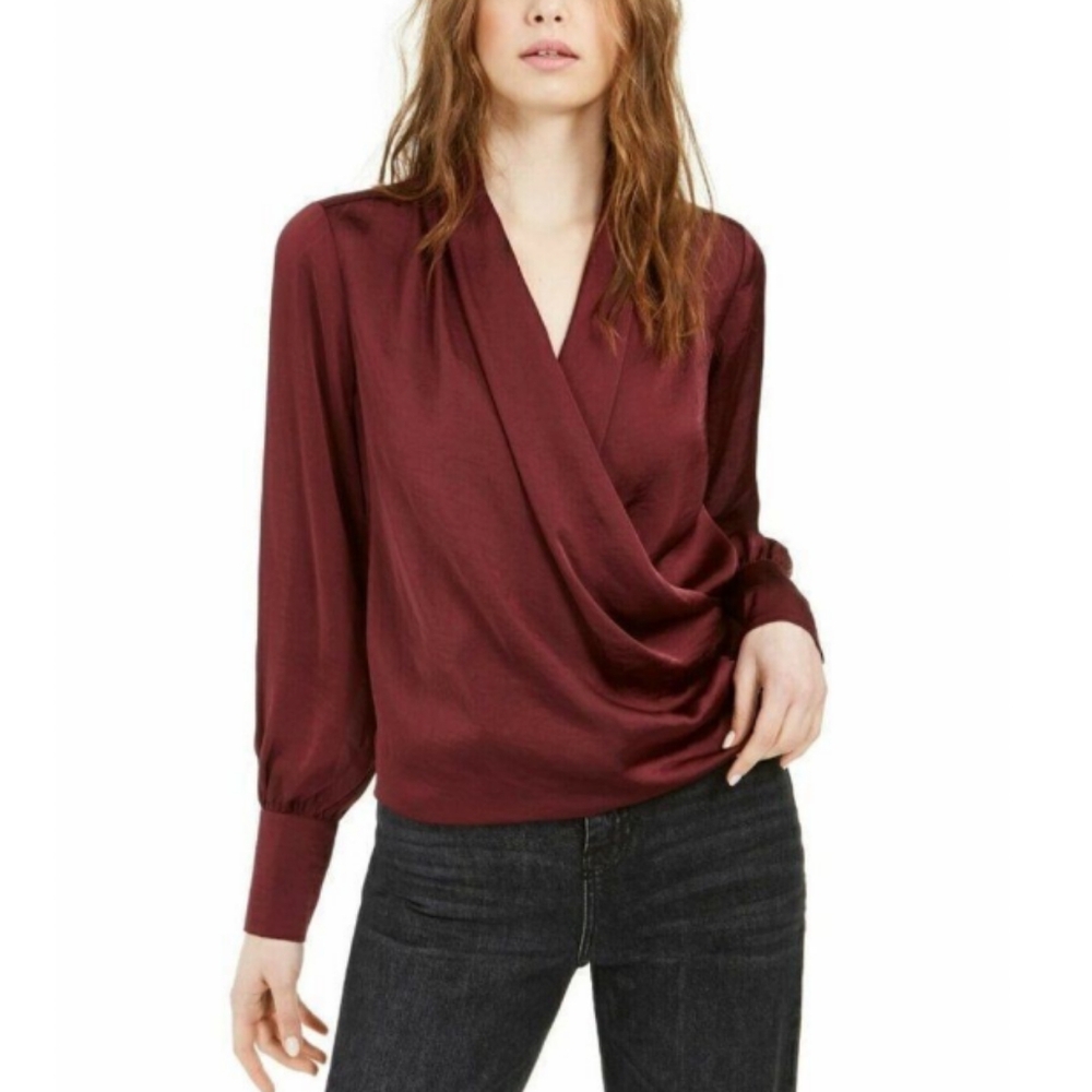 Band of Gypsies Mon Cheri Faux-Wrap Blouse in Plum, Size XL